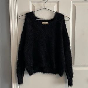Fuzzy Black Sweater with Shoulder Cut-outs